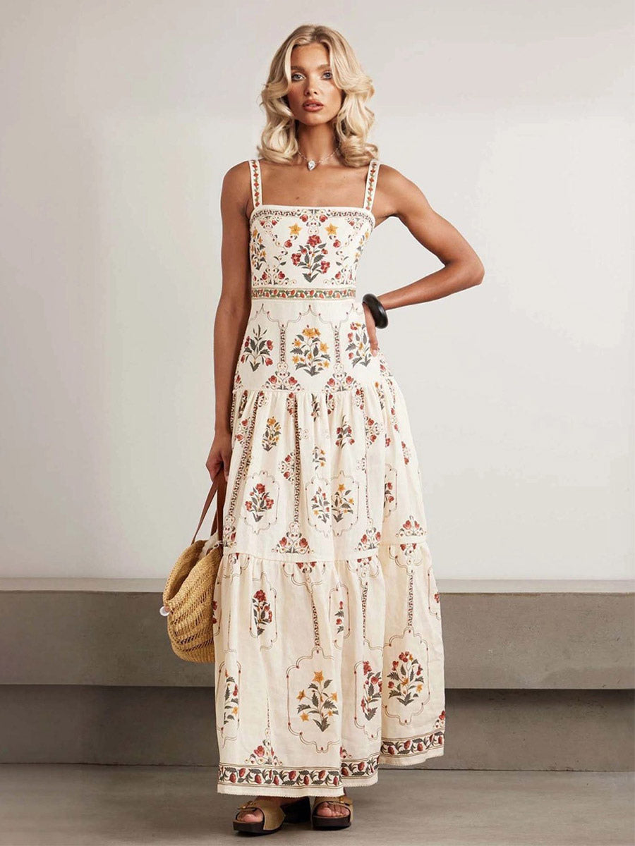 Vacation Dresses Maxi Backless Embroidered Sleeveless Floral Print Off-The-Shoulder Retro Dress