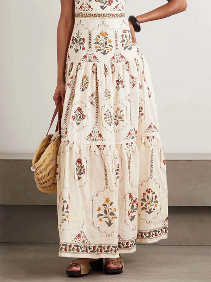 Vacation Dresses Maxi Backless Embroidered Sleeveless Floral Print Off-The-Shoulder Retro Dress