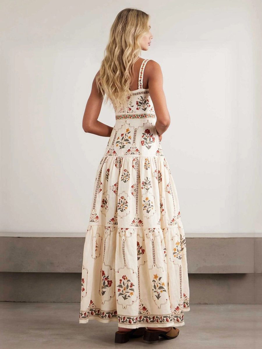 Vacation Dresses Maxi Backless Embroidered Sleeveless Floral Print Off-The-Shoulder Retro Dress