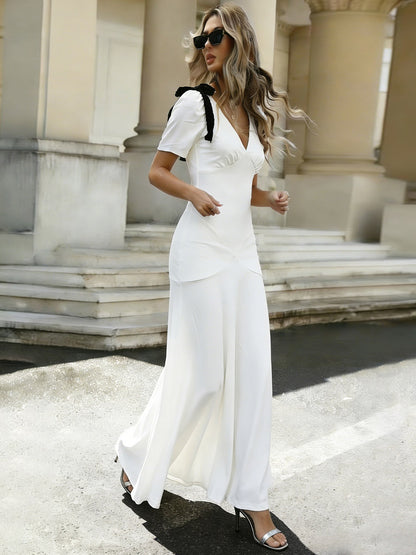 Date Night Dresses Maxi Bows Short Sleeves Two-Tone V-Neck Elegant White Dress