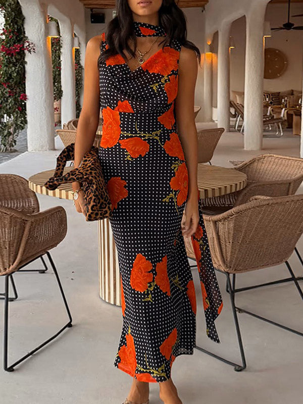 Vacation Dresses Maxi Backless Sleeveless Floral Print Cowl Neck Chic Brown Dress
