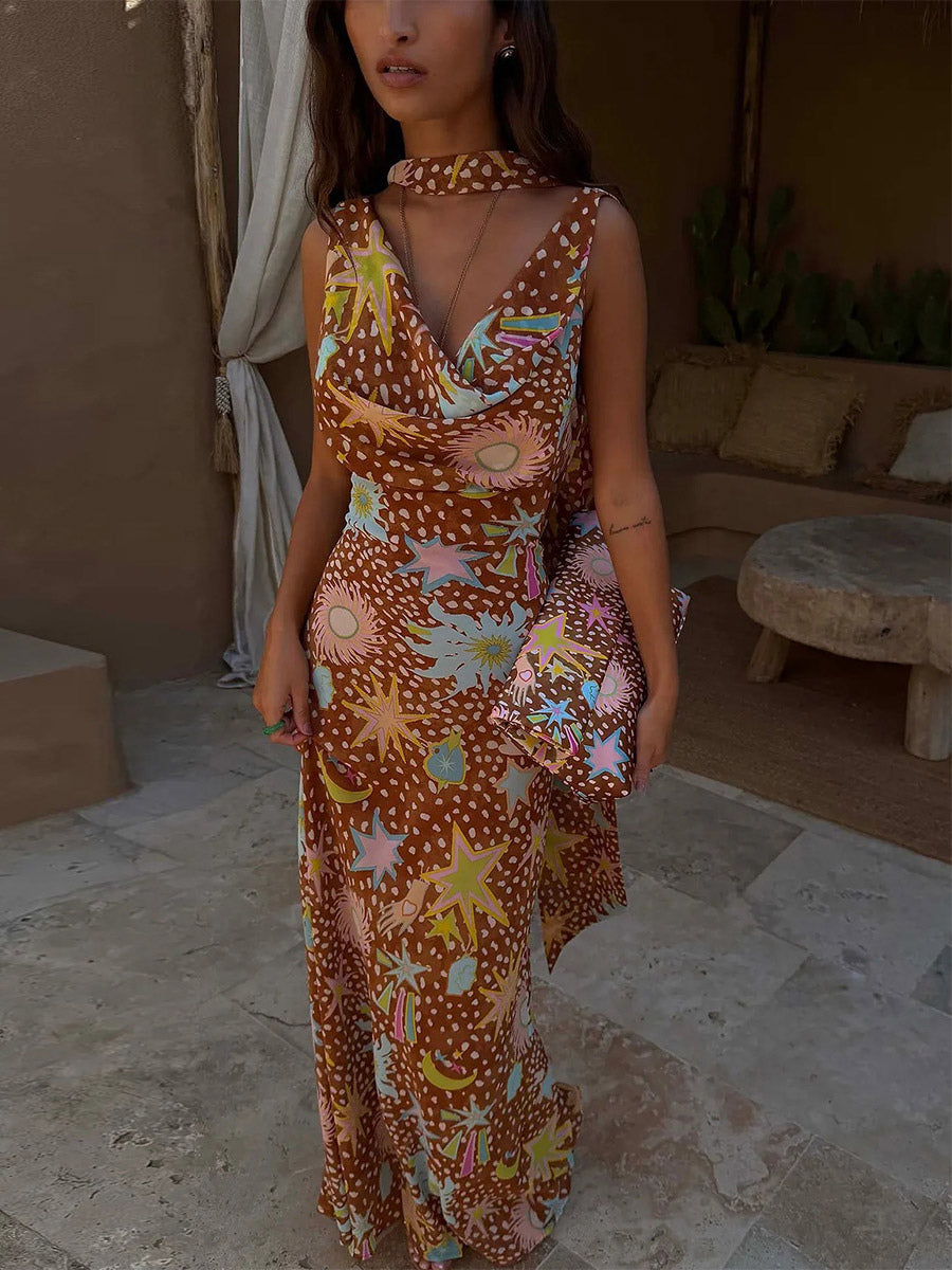 Vacation Dresses Maxi Backless Sleeveless Floral Print Cowl Neck Chic Brown Dress