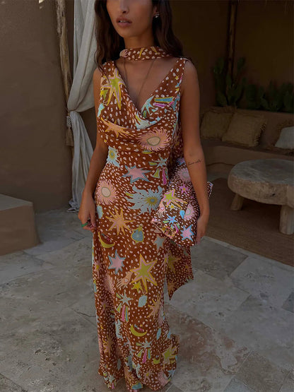 Vacation Dresses Maxi Backless Sleeveless Floral Print Cowl Neck Chic Brown Dress