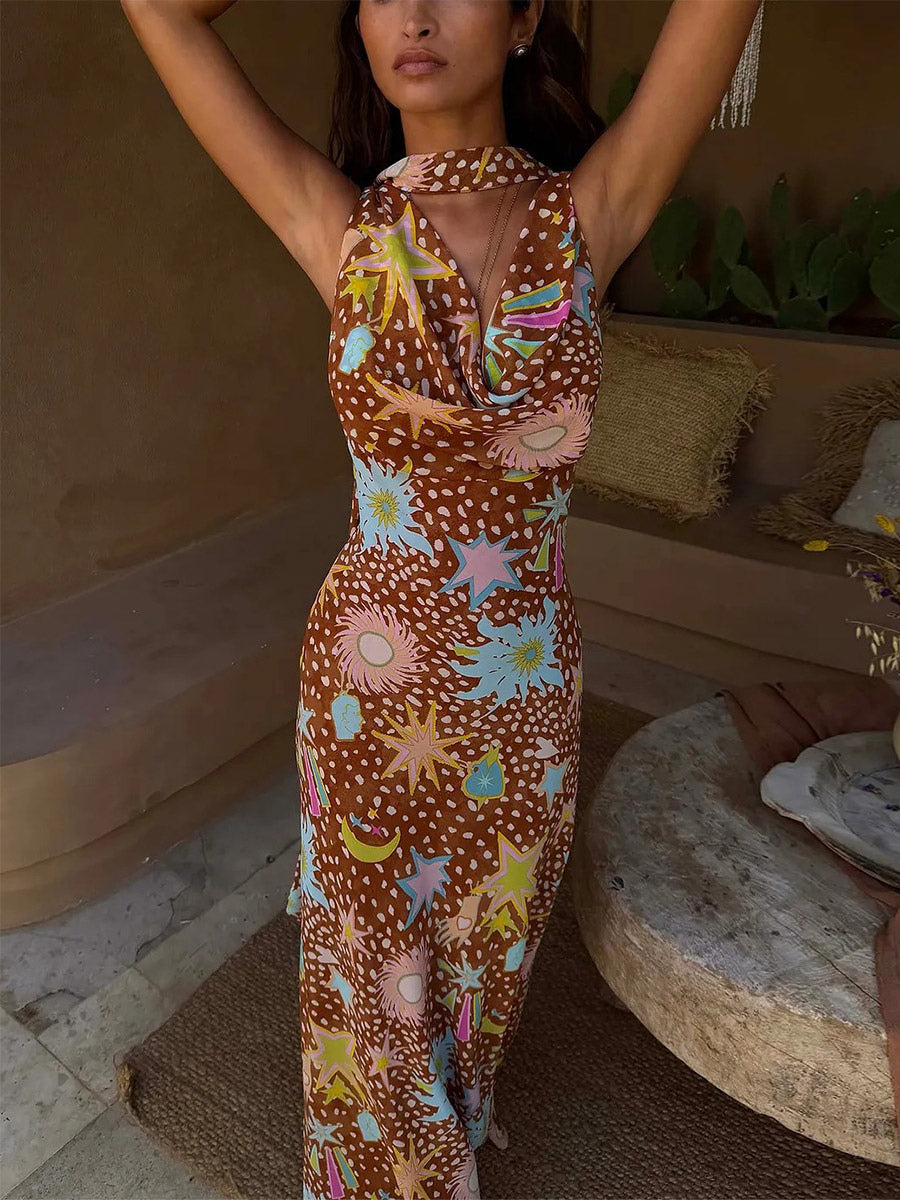 Vacation Dresses Maxi Backless Sleeveless Floral Print Cowl Neck Chic Brown Dress