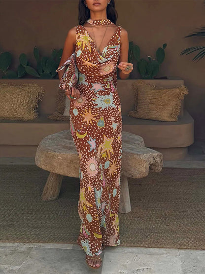 Vacation Dresses Maxi Backless Sleeveless Floral Print Cowl Neck Chic Brown Dress