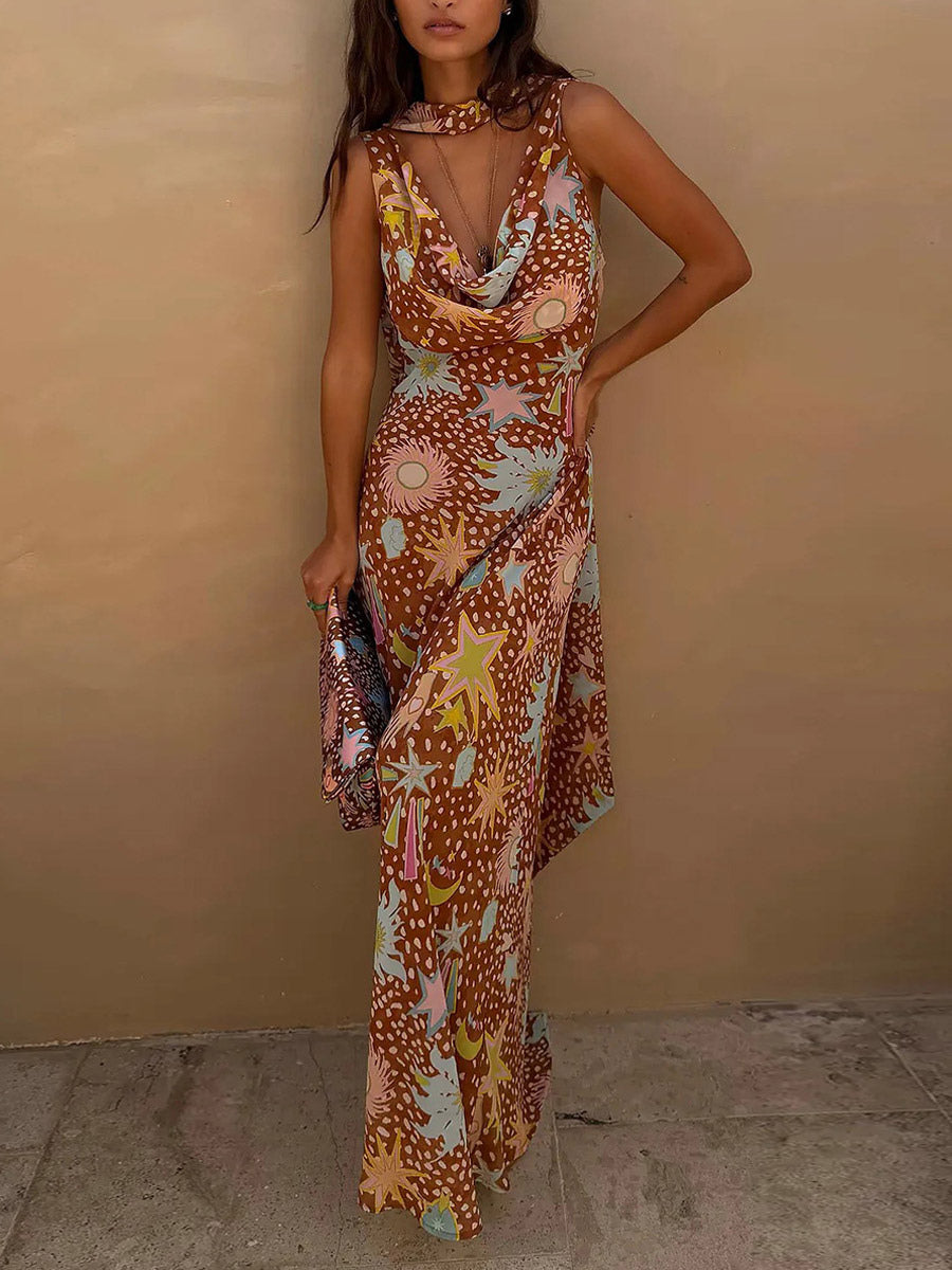 Vacation Dresses Maxi Backless Sleeveless Floral Print Cowl Neck Chic Brown Dress