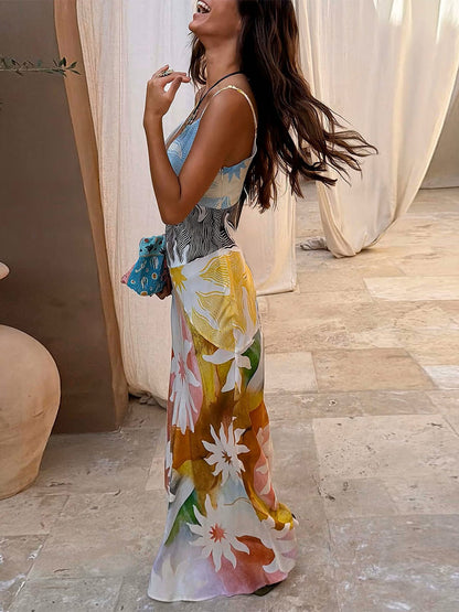 Vacation Dresses Maxi Backless Sleeveless Floral Print V-Neck Chic Yellow Dress