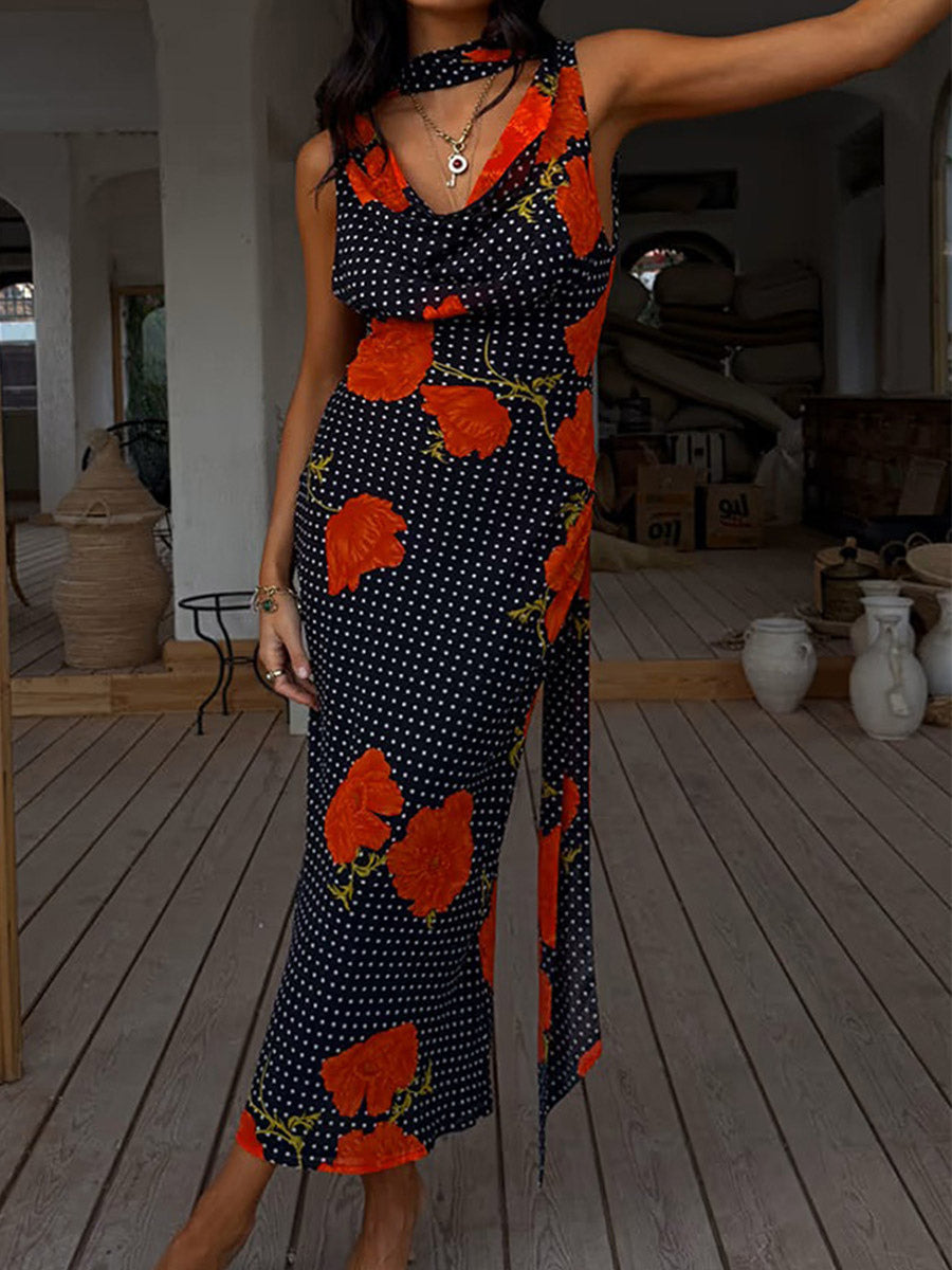 Vacation Dresses Maxi Backless Sleeveless Floral Print Cowl Neck Chic Brown Dress