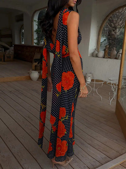 Vacation Dresses Maxi Backless Sleeveless Floral Print Cowl Neck Chic Brown Dress