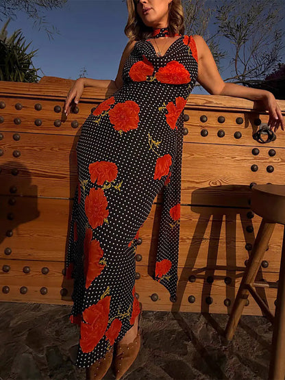 Vacation Dresses Maxi Backless Sleeveless Floral Print Cowl Neck Chic Brown Dress