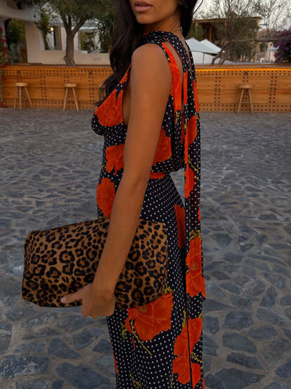 Vacation Dresses Maxi Backless Sleeveless Floral Print Cowl Neck Chic Brown Dress