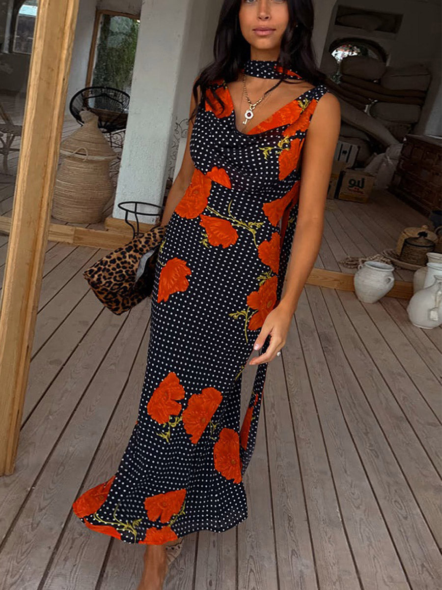 Vacation Dresses Maxi Backless Sleeveless Floral Print Cowl Neck Chic Brown Dress