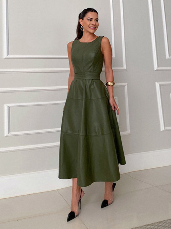 Date Night Dresses Midi Sleeveless Jewel Neck Chic Green Dress