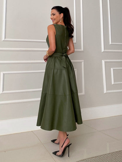 Date Night Dresses Midi Sleeveless Jewel Neck Chic Green Dress
