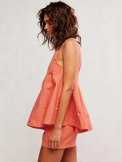 Two Piece Sets Mini Dresses Orange Daily Casual Denim Jewel Neck Sleeveless Casual Pant Set