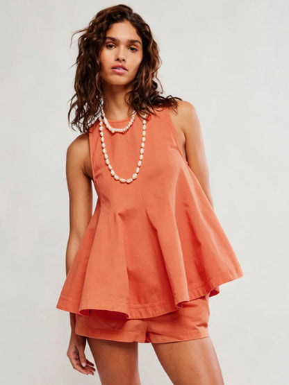Two Piece Sets Mini Dresses Orange Daily Casual Denim Jewel Neck Sleeveless Casual Pant Set