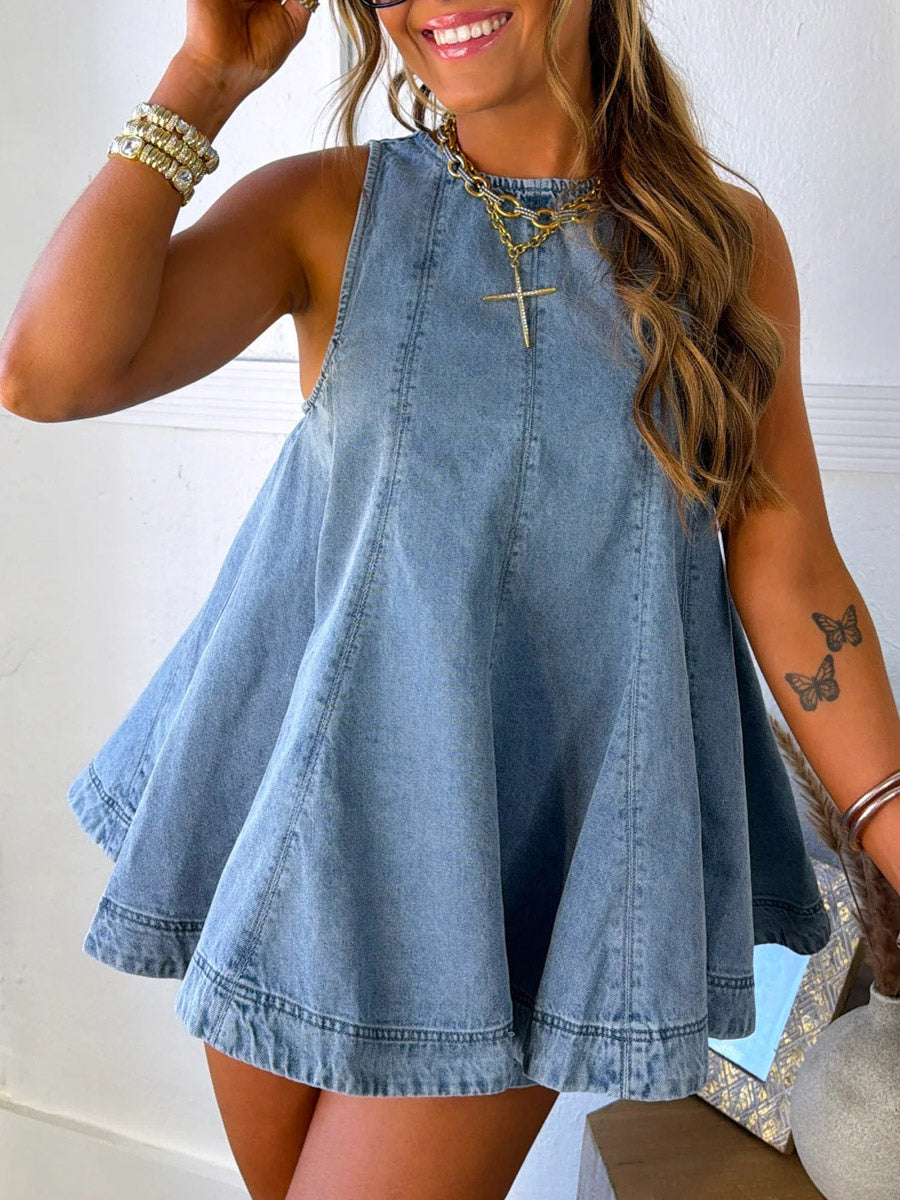 Two Piece Sets Mini Dresses Orange Daily Casual Denim Jewel Neck Sleeveless Casual Pant Set