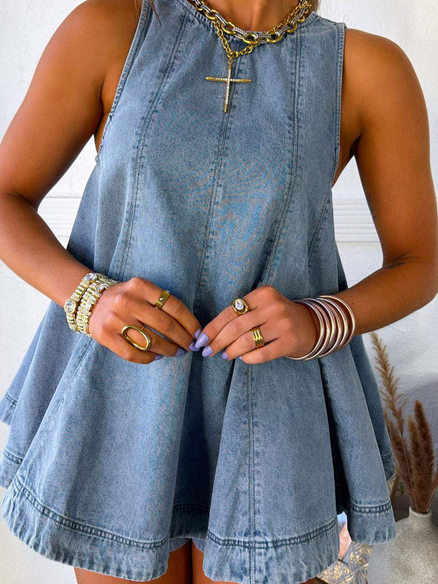 Two Piece Sets Mini Dresses Orange Daily Casual Denim Jewel Neck Sleeveless Casual Pant Set