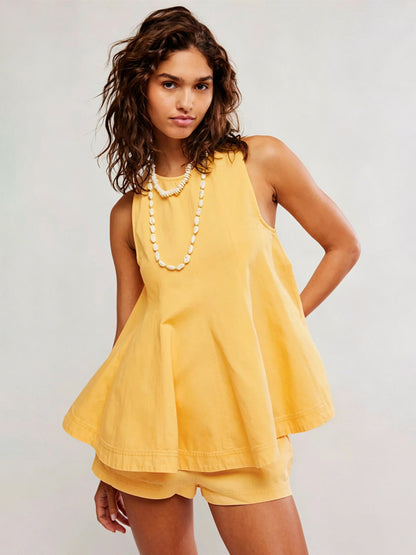 Two Piece Sets Mini Dresses Orange Daily Casual Denim Jewel Neck Sleeveless Casual Pant Set