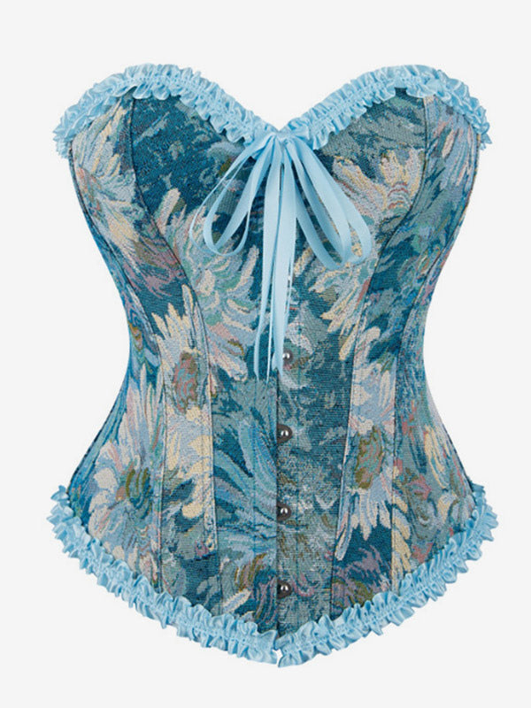 Corsets Blue Tops Lace-up Ruffles Floral Print Street Wear Elegant Lingerie