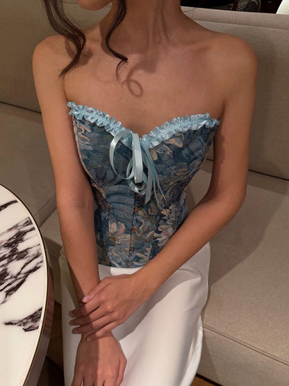 Corsets Blue Tops Lace-up Ruffles Floral Print Street Wear Elegant Lingerie