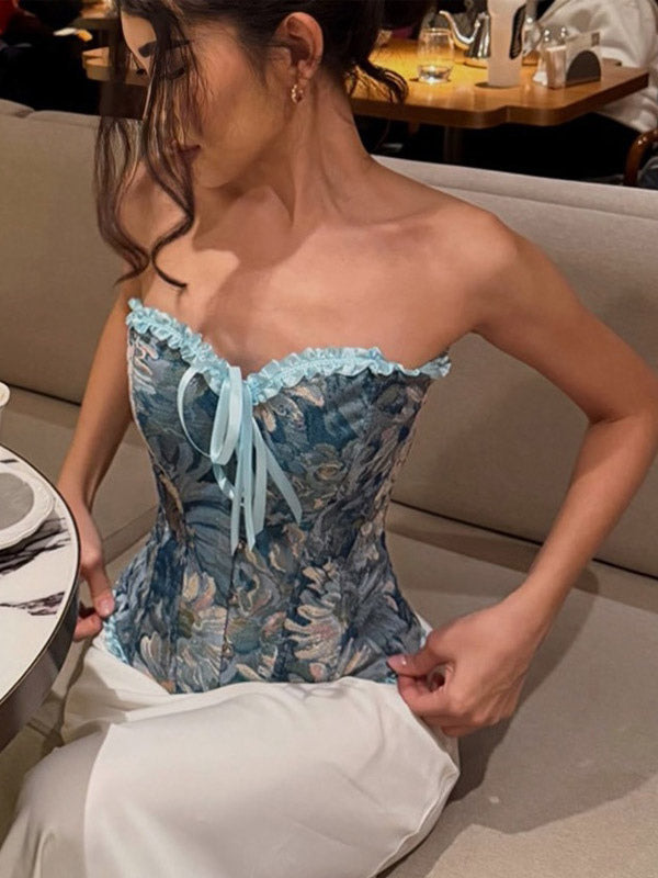 Corsets Blue Tops Lace-up Ruffles Floral Print Street Wear Elegant Lingerie
