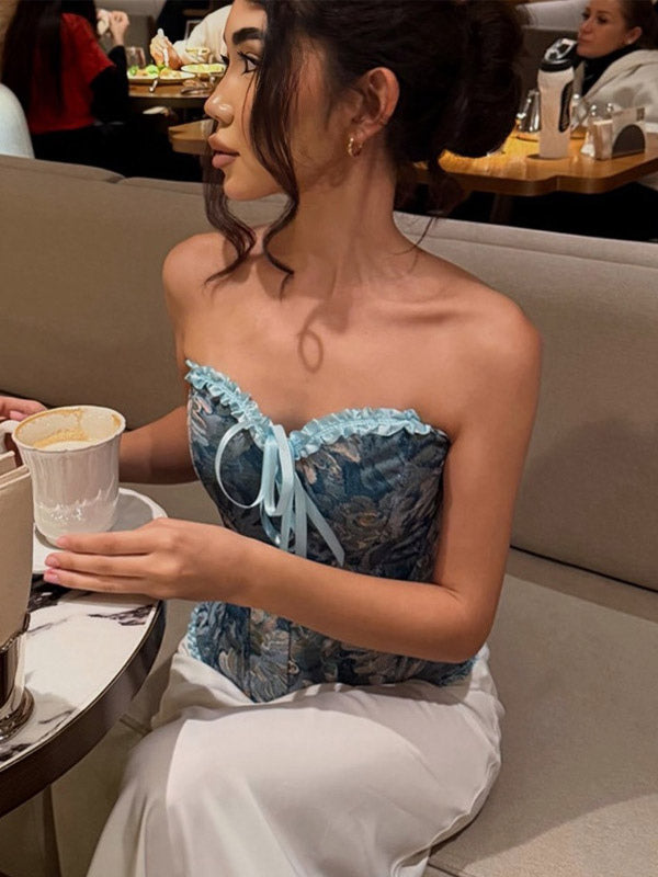 Corsets Blue Tops Lace-up Ruffles Floral Print Street Wear Elegant Lingerie