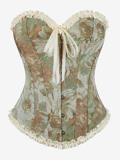 Corsets Blue Tops Lace-up Ruffles Floral Print Street Wear Elegant Lingerie