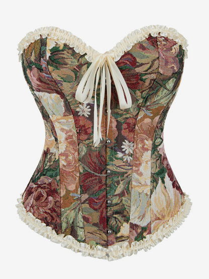 Corsets Blue Tops Lace-up Ruffles Floral Print Street Wear Elegant Lingerie