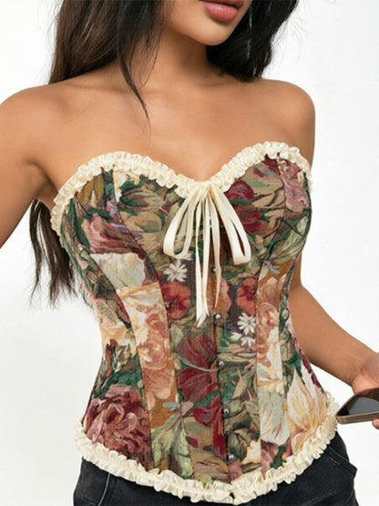 Corsets Blue Tops Lace-up Ruffles Floral Print Street Wear Elegant Lingerie