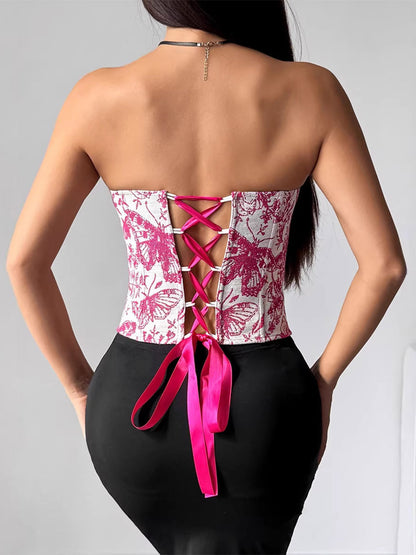 Corsets Tops Blue Lace-up Floral Print Street Wear Bohemian Lingerie