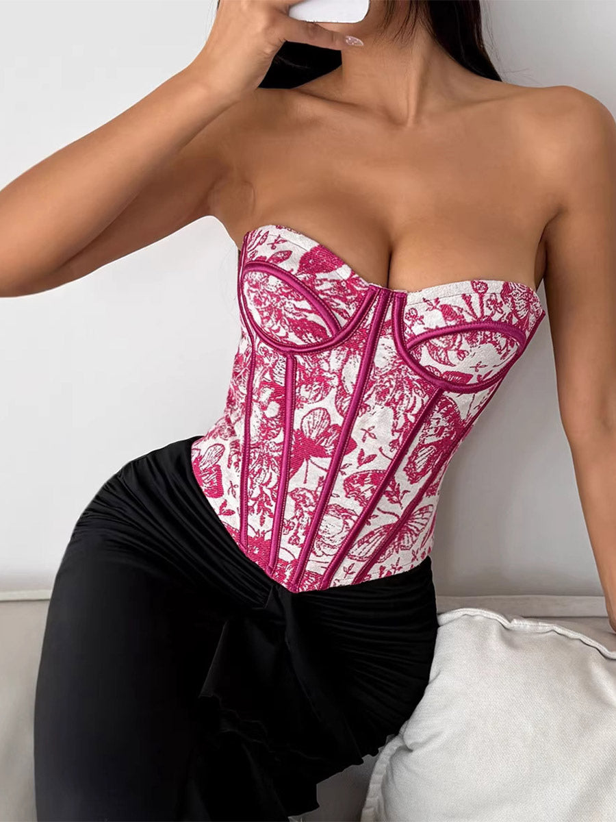 Corsets Tops Blue Lace-up Floral Print Street Wear Bohemian Lingerie