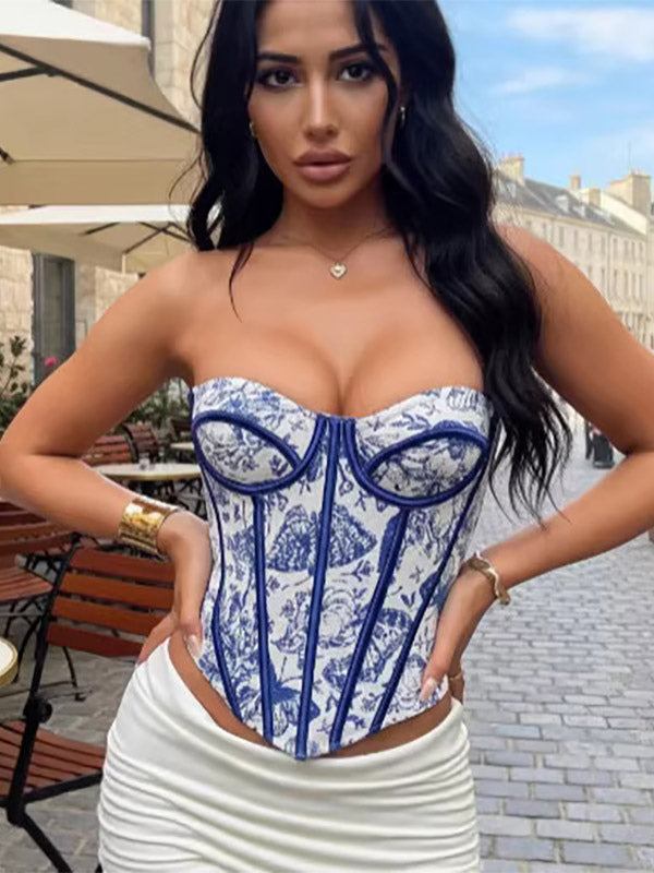 Corsets Tops Blue Lace-up Floral Print Street Wear Bohemian Lingerie