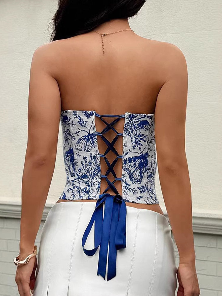 Corsets Tops Blue Lace-up Floral Print Street Wear Bohemian Lingerie