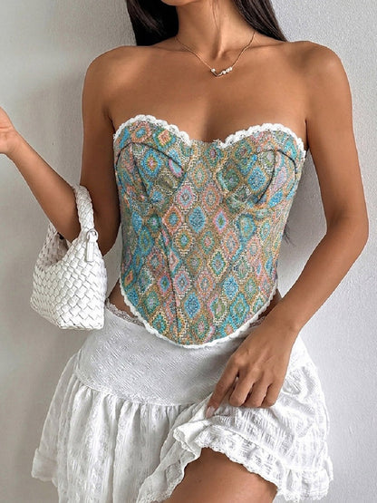 Corsets Tops Blue Lace-up Geometric Dating Elegant Lingerie