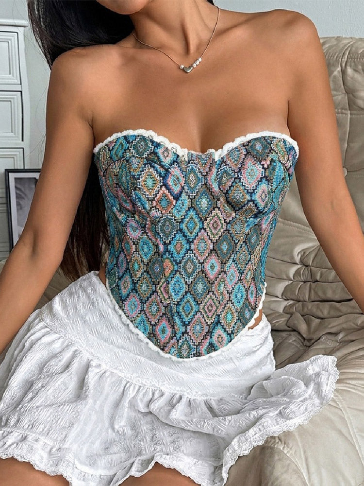 Corsets Tops Blue Lace-up Geometric Dating Elegant Lingerie