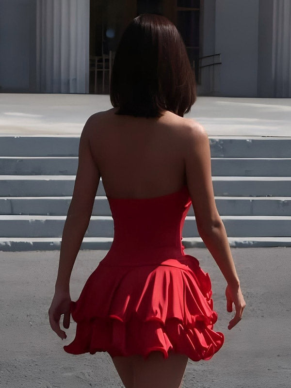 Date Night Dresses Mini Backless Pleated Lace Up Sleeveless V-Neck Chic Red Dress