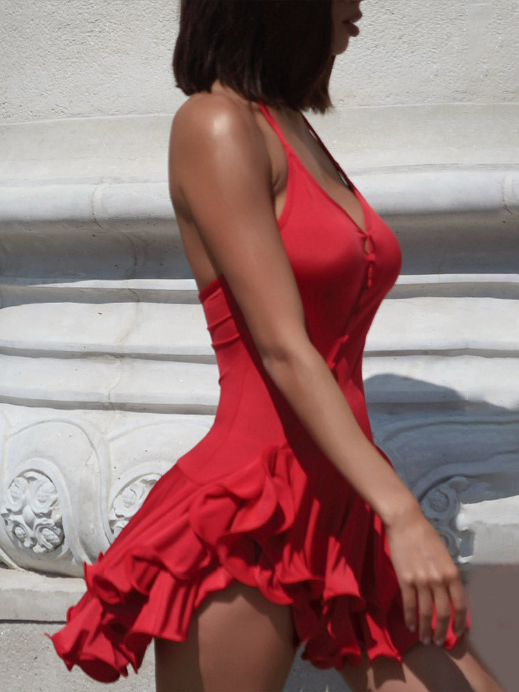 Date Night Dresses Mini Backless Pleated Lace Up Sleeveless V-Neck Chic Red Dress
