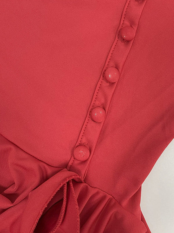 Date Night Dresses Mini Backless Pleated Lace Up Sleeveless V-Neck Chic Red Dress