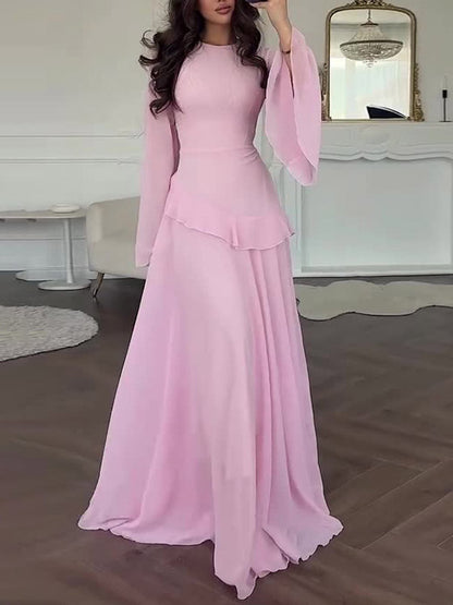 Party Dress Maxi Burgundy Jewel Neck Lace Up Long Sleeves Flared Sleeves Sexy Dress