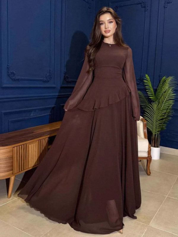Party Dress Maxi Burgundy Jewel Neck Lace Up Long Sleeves Flared Sleeves Sexy Dress
