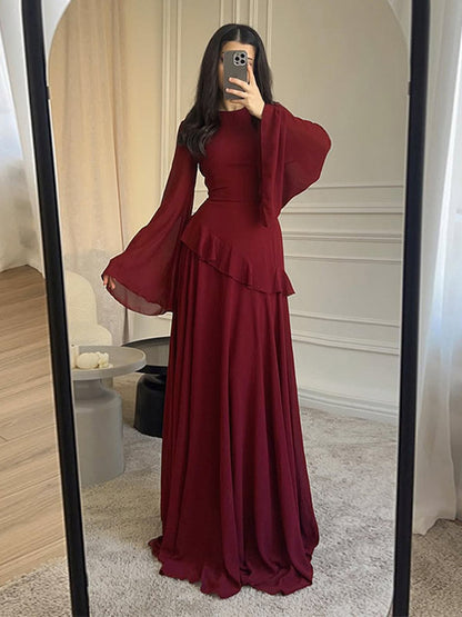 Party Dress Maxi Burgundy Jewel Neck Lace Up Long Sleeves Flared Sleeves Sexy Dress
