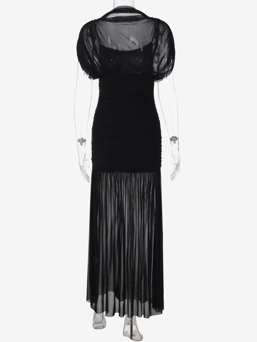 Night Out Dresses Black Short Sleeves High Collar Summer Dress