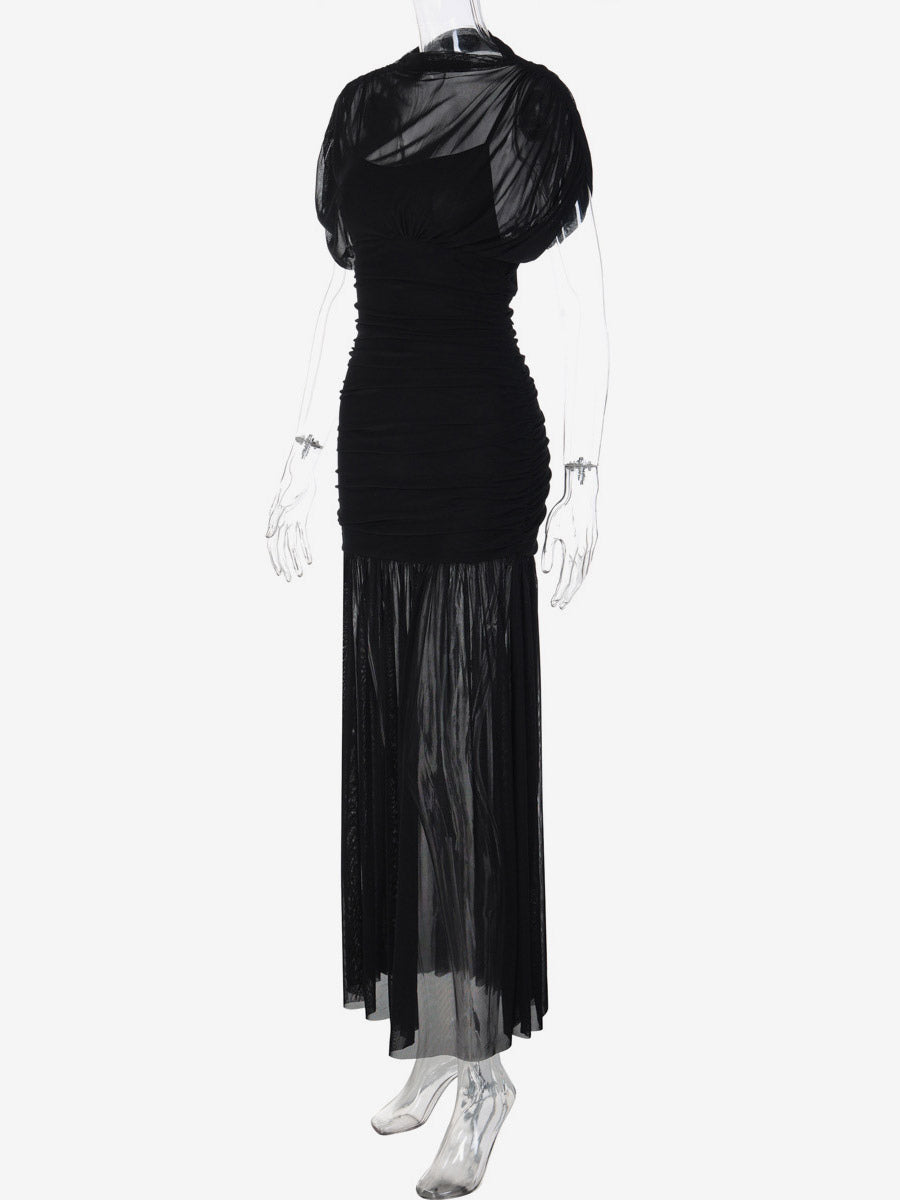 Night Out Dresses Black Short Sleeves High Collar Summer Dress