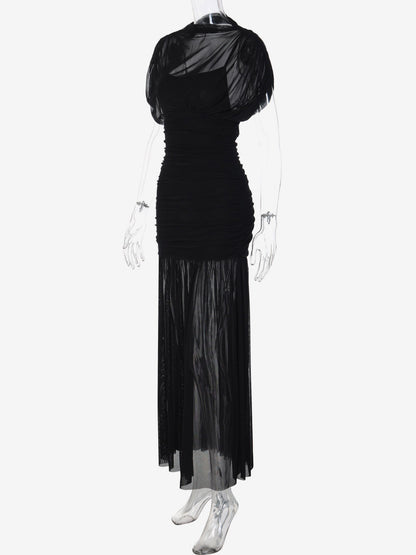Night Out Dresses Black Short Sleeves High Collar Summer Dress