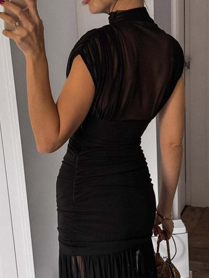 Night Out Dresses Black Short Sleeves High Collar Summer Dress