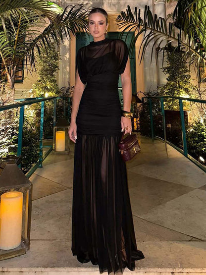 Night Out Dresses Black Short Sleeves High Collar Summer Dress