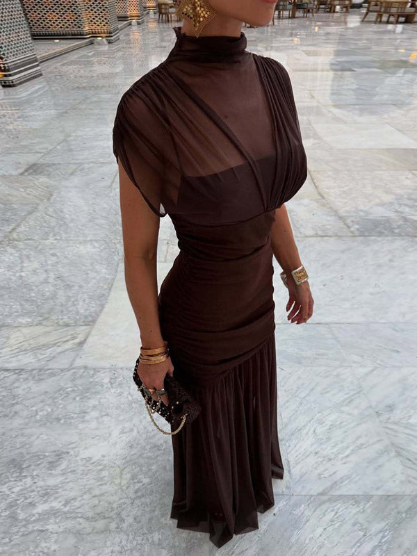 Night Out Dresses Black Short Sleeves High Collar Summer Dress