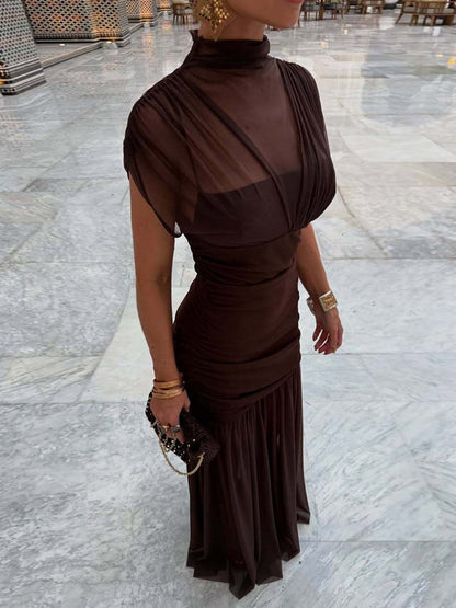 Night Out Dresses Black Short Sleeves High Collar Summer Dress