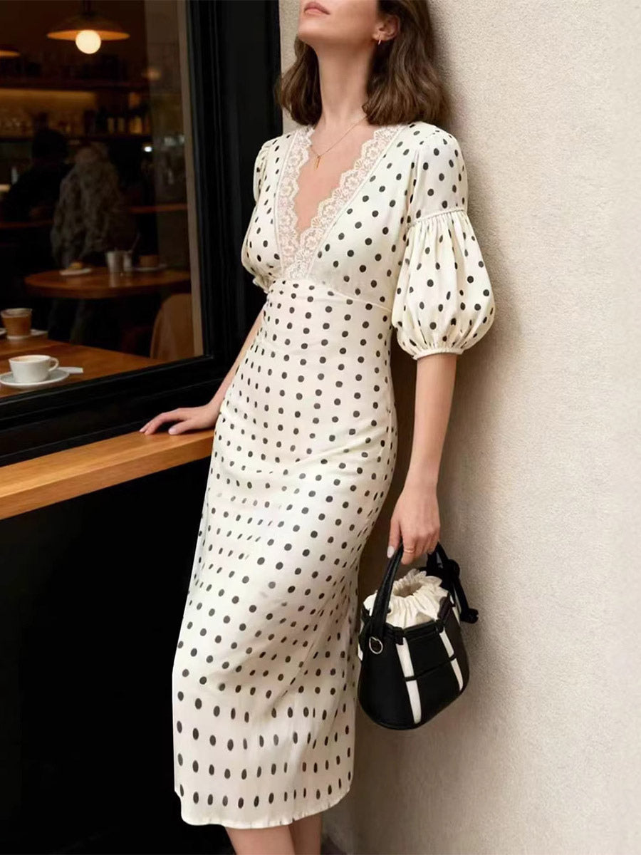 Date Night Dresses Midi Lace Half Sleeves Polka Dot V-Neck Elegant White Dress